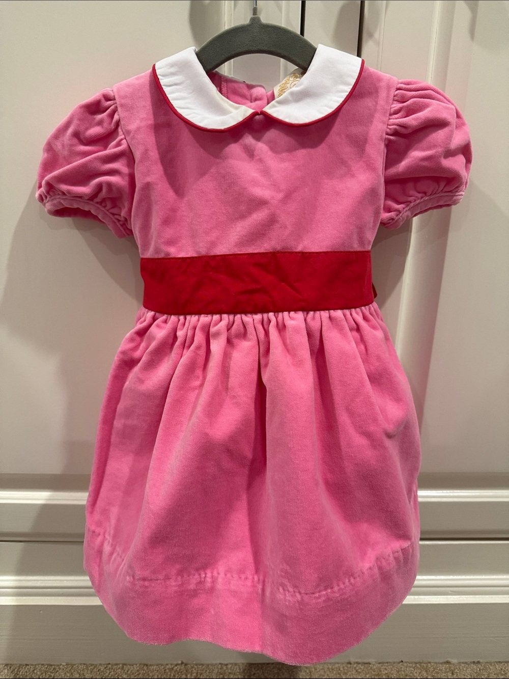 The Beaufort Bonnet Company Pink Velvet Dress with Red Sash